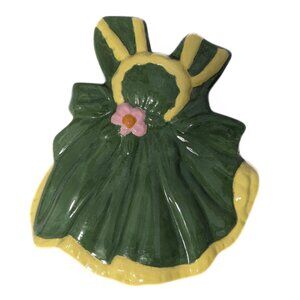 Vintage MCM Wall Hanging Planter Apron Theme Handmade Pottery Green Yellow Cute